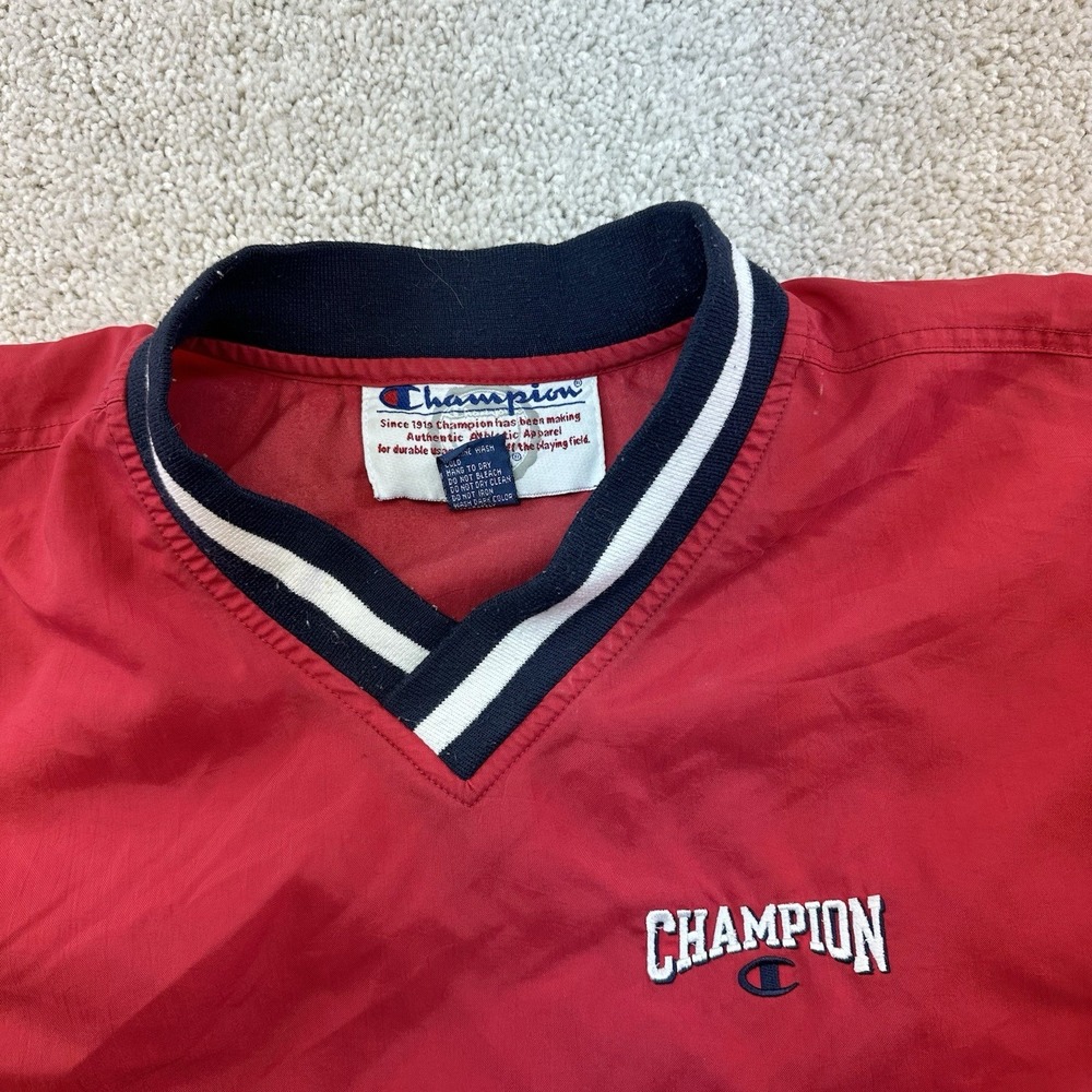 Vintage 90s Champion Nylon V-Neck Pullover Men's L Red Logo Windbreaker - Picture 2 of 11